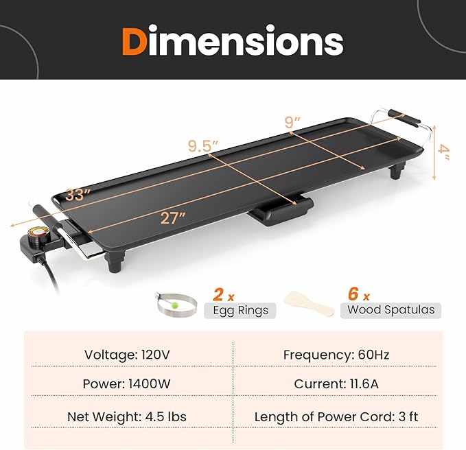 Nightcore 27" Large Electric Griddle, Teppanyaki Grill w/Adjustable Thermostat, Insulated Handles, Drip Tray & Nonstick Surface, Pancake Griddle, Indoor Outdoor Tabletop BBQ Grill for Party Camping