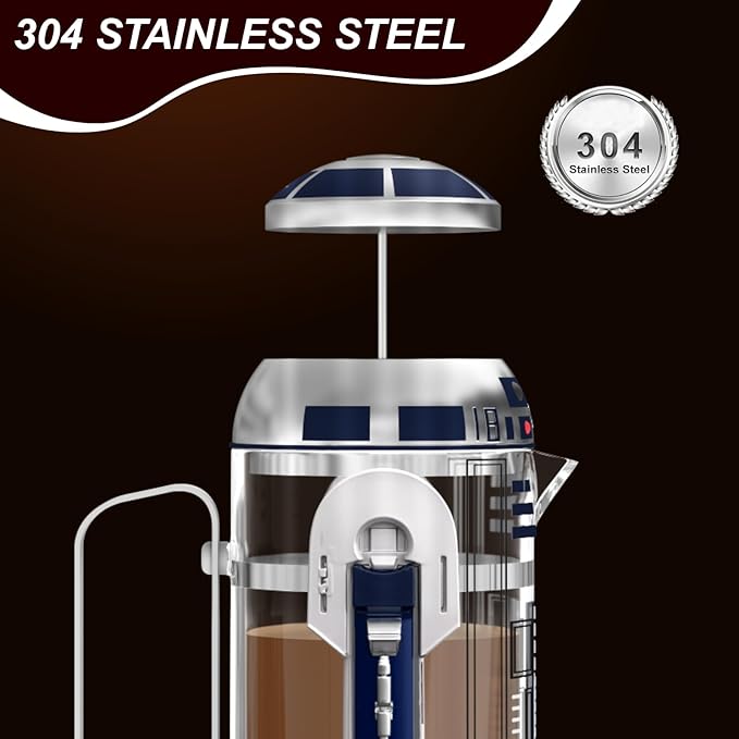 TEENKON French Press Insulated 304 Stainless Steel Coffee Maker, 32 Oz Robot R2D2 Hand Home Coffee Presser, with Filter Screen for Brew Coffee and Tea (White)