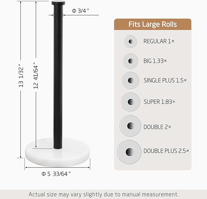 KES Black Paper Towel Holder Countertop, Kitchen Stand Paper Towel Roll Holders with Natural Marble Base SUS304 Stainless Steel for Standard or Jumbo Rolls Matte Black, KPH100S14B-BK