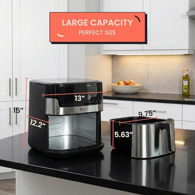 Knivi 8L Stainless Steel Air Fryer – 1500W Digital Touchscreen Airfryer Oven with 8 One-Touch Presets, Defrost & Bake – Large Family Size Non-Stick Basket, Dishwasher Safe – Silver