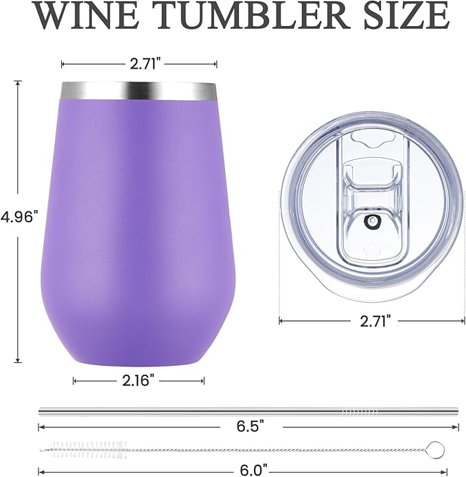 MEWAY Stainless Steel Wine Tumbler with Lid and Straw 12oz - Stemless Insulated Wine Cup Glass for Coffee,Cocktails,Drinks,Champagne, and Office Use, Ideal for Parties and Gifts(Purple,1)