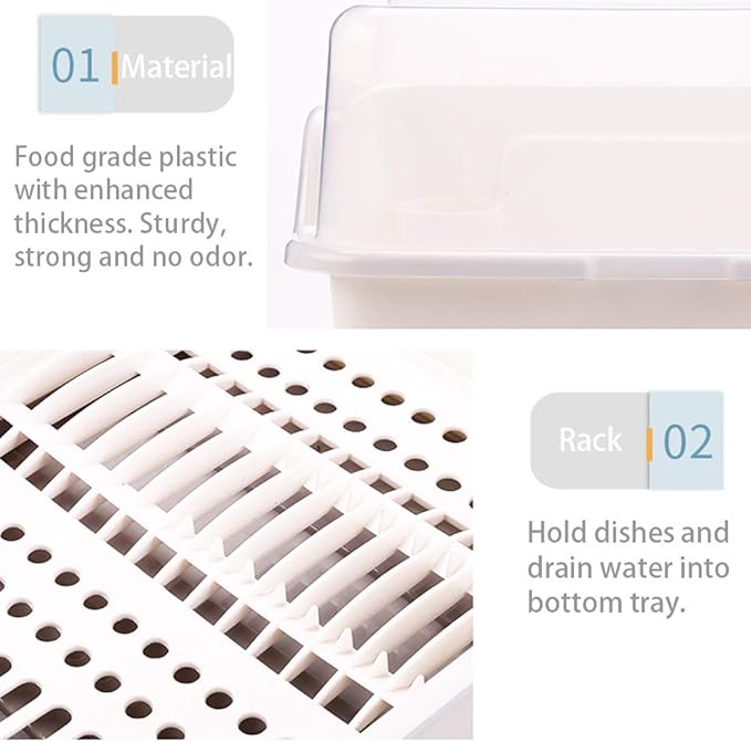 Tomorotec Medium Size Dish Drying Rack and Drain Board with Lid Cover, 16" x 12.2" x 10.6" Nursing Bottle Holder, Kitchen Plate Cup Tray Cutlery Drainer