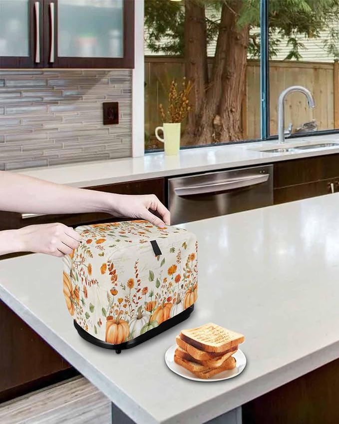 Orange White Pumpkins Fall Toaster Cover 4 Slice, Thanksgiving Botanical Leaves Dustproof Bakeware Oven Protector with Hook, Retro Waterproof Small Kitchen Appliance Toasters Dust Cover, 12"x11"x8"