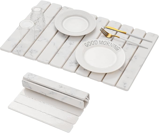Large Stone Drying Mat for Kitchen Counter, 24''L x 16''W Diatomaceous Earth Collapsible Dish Drying Mat, Quick Drying Mat, Glasses and Flatware, Matches Any Countertop (Veined-A, 24" x 16")