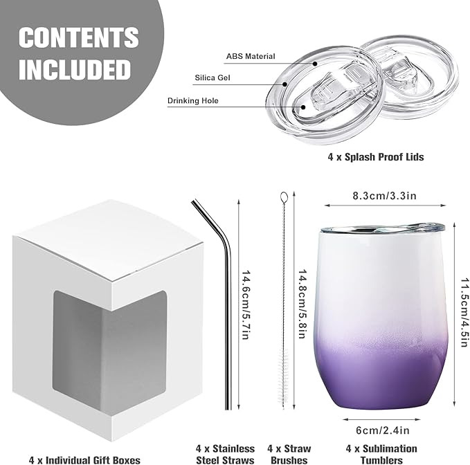 BetterSub 4 Pack 12oz Gradient Color Sublimation Tumblers (Yellow/Pink/Purple/Blue) Double Wall Insulated Stainless Steel Cups with Lid, Straw, Brush & Display Box (4 Packs Gradient Color)