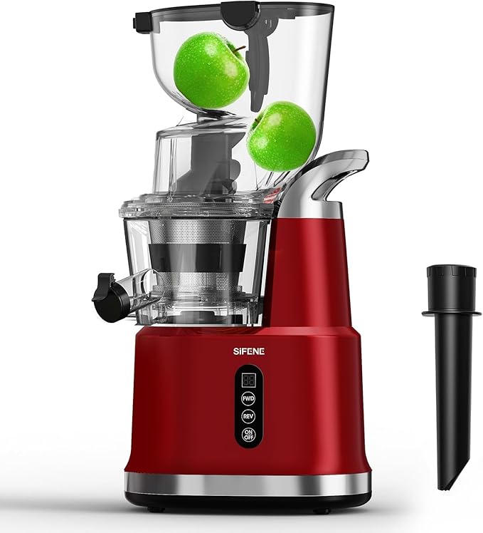 SIFENE Cold Press Slow Masticating Juicer Machine, Juice Extractor for Vegetables & Fruits, Dual Mouth 83mm Wide Chute, High Juice Yield, BPA Free, Easy-Clean, Compact Stylish Red Design