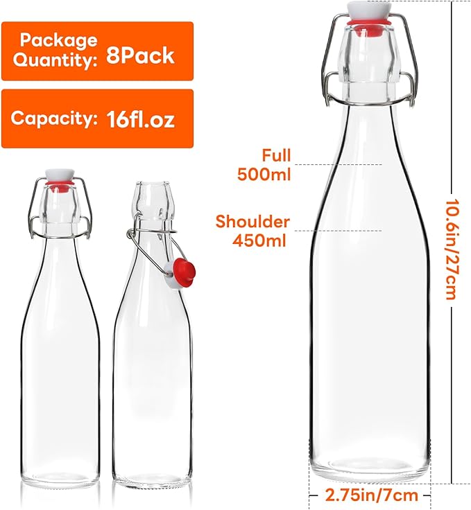 AuroTrends Swing Top Glass Bottles 16 oz 8Pack, Kombucha Bottles-Flip Top Glass Bottles with Lids, Vanilla Extract Bottles (16fl.oz/ 8Pack)