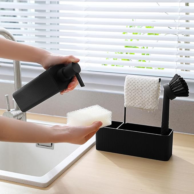 YAUKPH 4 in 1 Kitchen Soap Dispenser Set - Soap Dispenser Brush Sponge Holder Towel Rack (Striped Black)