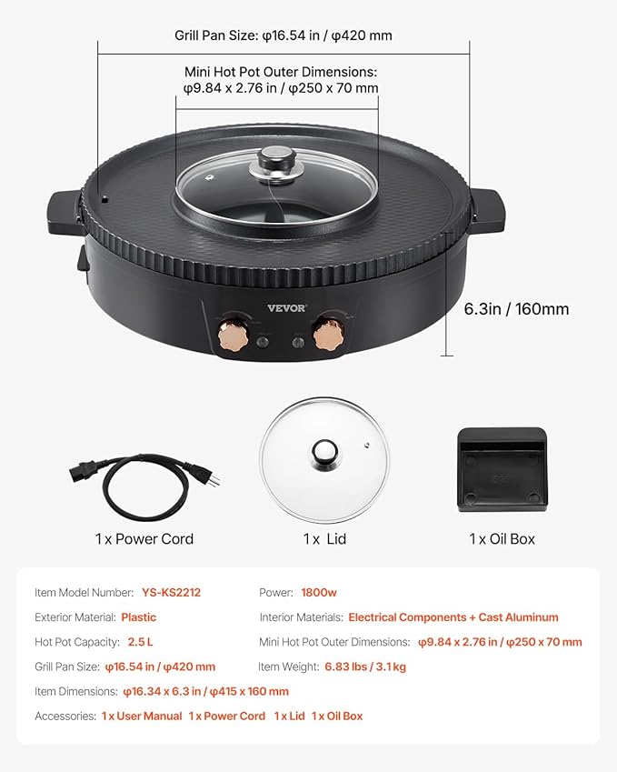 VEVOR Hot Pot with Grill, 1800W 2-in-1 Electric Smokeless Grill and Hot Pot, Korean BBQ Shabu Shabu Hotpot with Separate Dual Temperature Control, Non-stick Pan, for 2-8 People Family Dining
