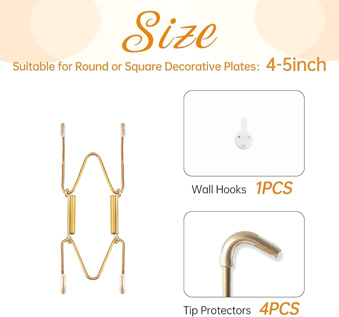 Plate Hangers for The Wall, Suitable for 4-5 inch Decorative Plate, Stainless Steel Wire Plate Holder with Wall Hooks and Rubber tip Protectors, Plate Hangers for Displaying Plates, Platter, Gold