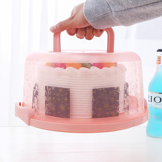 Amosfun 9.84 Inch Portable Cake Carrier with Handle Buckle Seal Round Cake Box Container Lightweight Cupcake Holder Tray for Dessert Transport