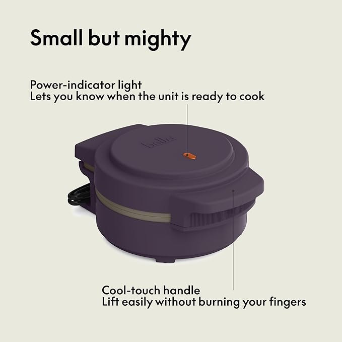 bella Snack-n-Store Mini Waffle Maker, EverGood™ Ceramic Nonstick Coating, Cord Wrap, Ready Indicator Light & Cool Touch Handles, Stackable Design & Customizable Plates, 350 Watt, Plum