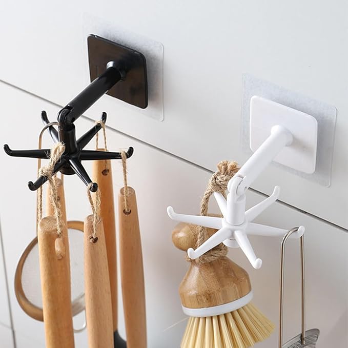 PRETYZOOM 4pcs 360-degree Rotatable Kitchen Utensil Hooks Under Cabinet Hanging Holder Set, No Drilling Wall Mount Hook for Kitchen Organization, Black and White