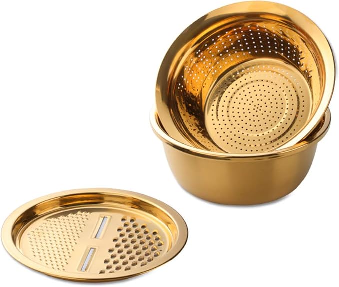 3-In-1 Multifunctional Grater Basin Colander Strainer Set, Mingcheng Stainless Steel Kitchen Drain Basket/Bottom Basin for Washing Rice, Fruits, Vegetable, Grater with Container (Gold)