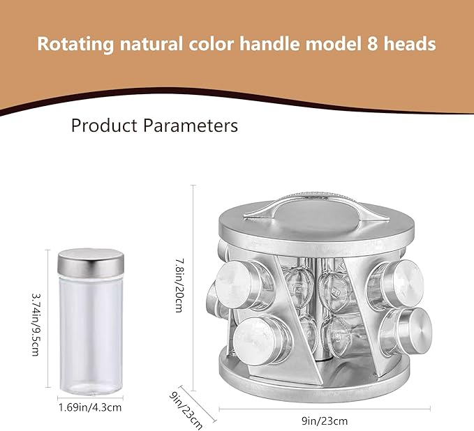 Portable Stainless Steel Spice Rack with 8 Spice Jars Included Revolving Spice Organizer for Kitchen Tower Storage Rack for Spices and Seasoning Silver