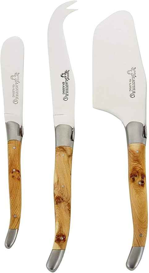 Laguiole en Aubrac Luxury Fully Forged 3-Piece Cheese Knife Set With Juniper Wood Handles