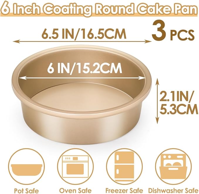 6 Inch Round Cake Pan Set of 3, Nonstick Coating Baking Round Cake Pans with Remvable Bottom for Birthday Layered Cakes,Party, Circle Cake Tins With Wider Grips for Oven Air Fryer, Gold
