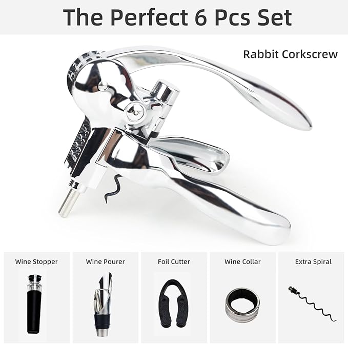 Rabbit Wine Opener Set, Premium 6-Piece Corkscrew Kit with Wooden Gift Box, Includes Foil Cutter, Wine Stopper & Accessories, Easy Cork Removal, Perfect for Wine Lovers (Vintage Silver)