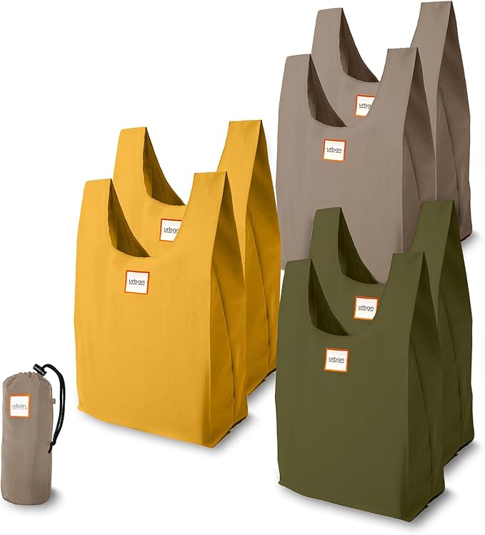 Urban Market Bags - Meadow - 6 Foldable Reusable Shopping Bags in 1 Compact Pouch, Luxury Quality, Recycled Fabric, Holds 50+ lbs, Machine Washable, Pouch Fits in Cupholder, Designed in California