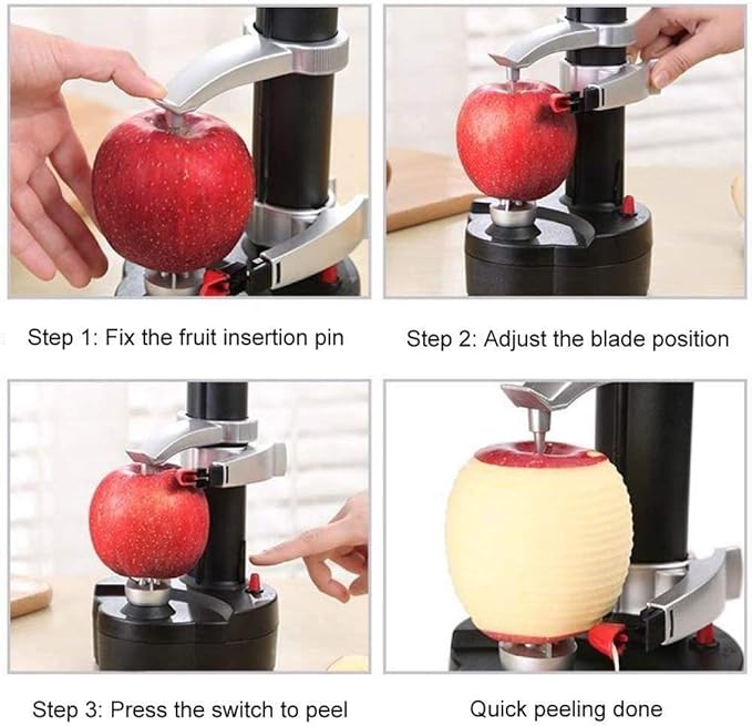 Electric Potato Peeler Automatic Apple Peeler, Smart Vegetable Fruit Peeler Machine, Stainless Steel Kitchen Peeling Tool [1 Adapter 2 Extra Blades] with Apple Slicer Corer (Black-R)