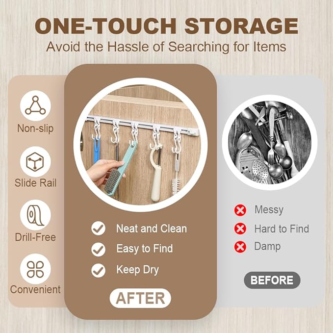 Multifunctional Slide Rail Hook,Kitchen Utensil Hanging Rack Wall Mounted Hanger,Space Saving Utensil Holder with 10 Hooks ,Sliding Track Hook No Drilling Hanger for Home Office (Length 40cm/2pcs)