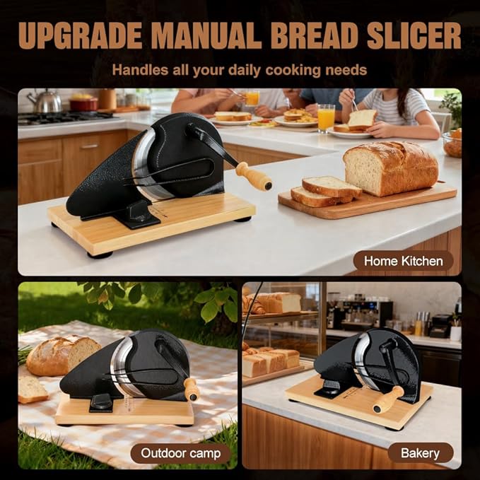 Upgrade Manual Bread Slicer for Homemade Bread, Sourdough Slicer with Hand Crank, Metal Guide Rail, Non-Slip Suction Base & Sharp Blade for Consistent Even Slices