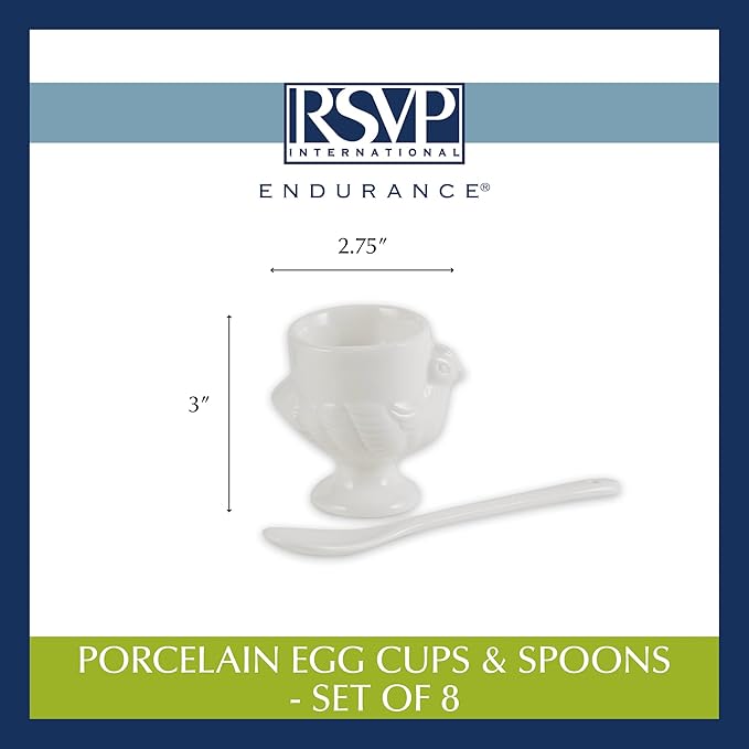 RSVP International Kitchen Accessories Collection Soft Boiled Egg, White Porcelain, Cup & Spoon Set, 8 Piece