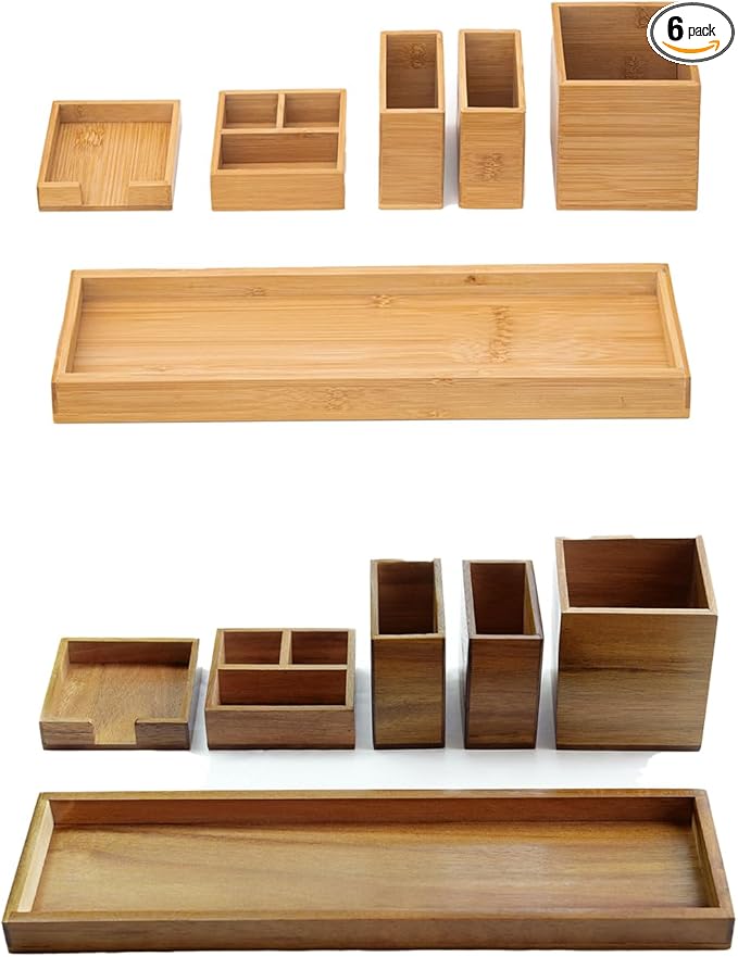 Bamboo & Wood Vanity Tray, 6-Piece Bathroom Countertop Vanity Tray Set, Makeup Kitchen Desk Organizer and Storage - Holds Small Items