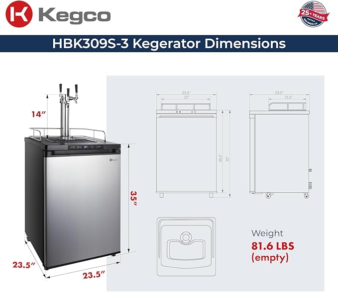 Kegco HBK309S-3 Full-Size Digital Homebrew Kegerator Triple Faucet Ball Lock Keg Dispenser Stainless, Stainless Steel