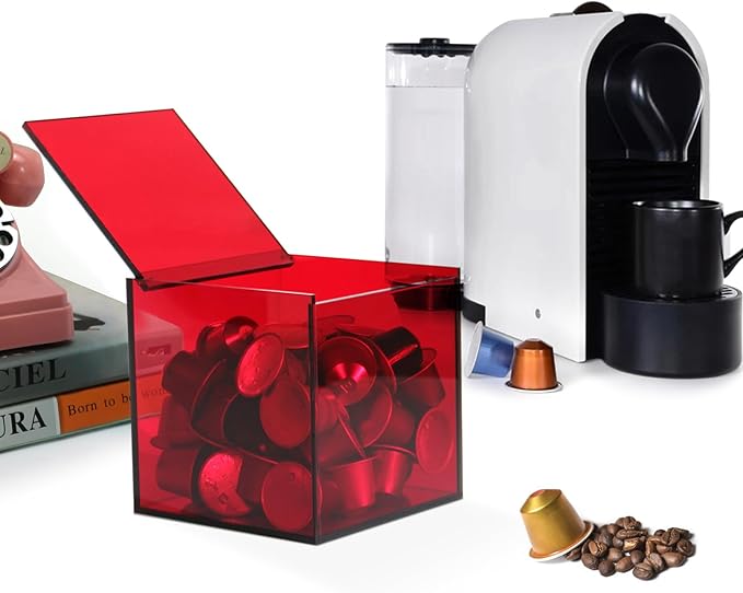 Coffee Capsule Storage Box Coffee Pod Holder Organizers Accessories Anti Dust Durable Clear Acrylic Box for House and Office Use, Red, 5x5 In