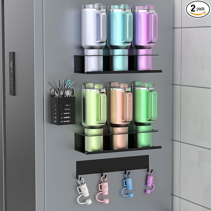 Magnetic Cup Holder for Refrigerator, Water Bottle Organizer for Stanley and Tumbler, Accessory with Lid Hook Straw Holder and Double Sided Tape for Kitchen Fridge Cabinet