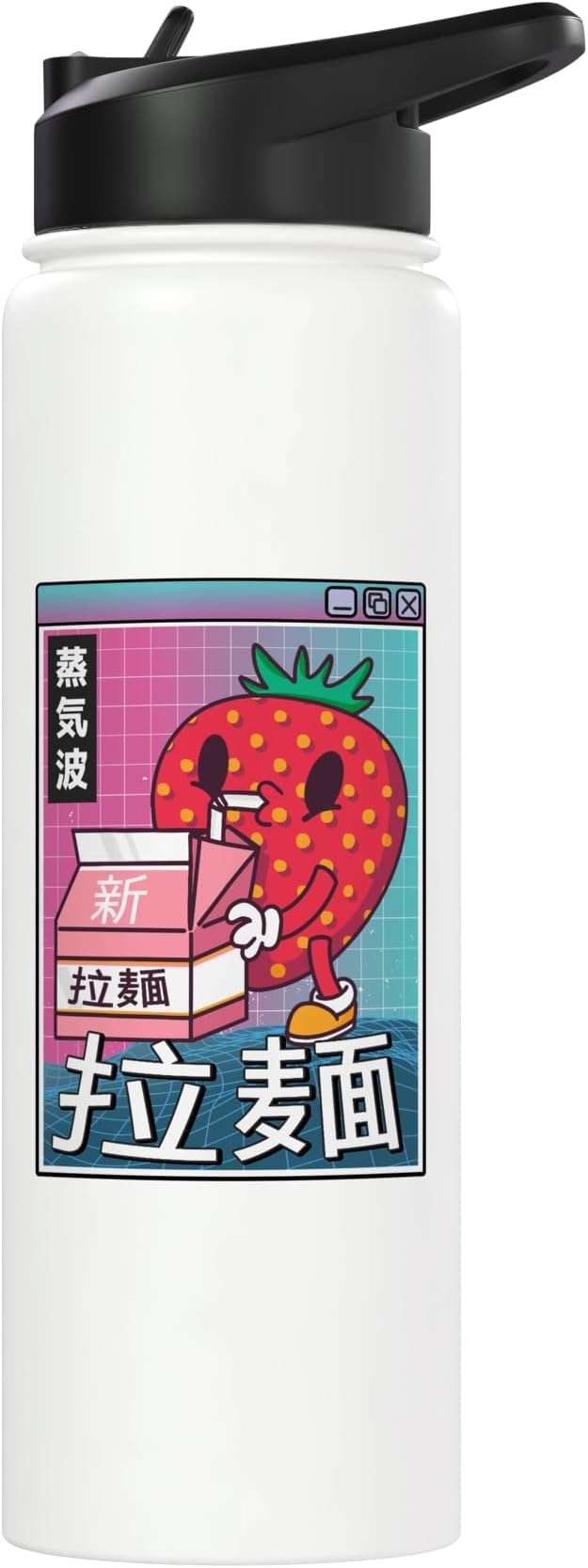 Strawberry Milk Carton Kawaii Grid Vaporwave Aesthetic Anime Stainless Steel Insulated Water Bottle