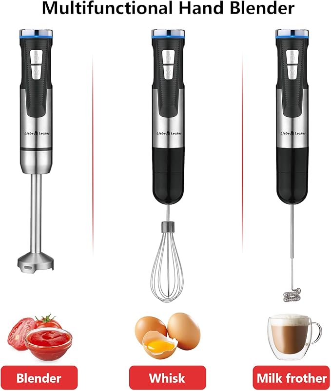 Liebe&Lecker Immersion Blender Handheld Cordless, 3 in 1 Cordless Hand Blender, 8 Speed Emulsion Blender Handheld with Whisk Milk Frother for Soup Smoothie