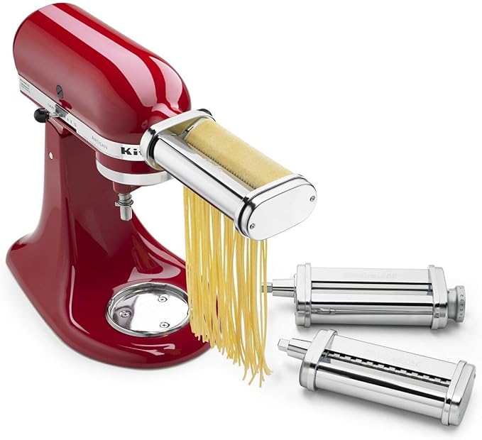 KitchenAid KSMPRA Stand Mixer Attachment Pasta Roller & Cutter, 3-Piece Set, Stainless Steel & K45B Coated Flat Beater, White, 4.5 Qt