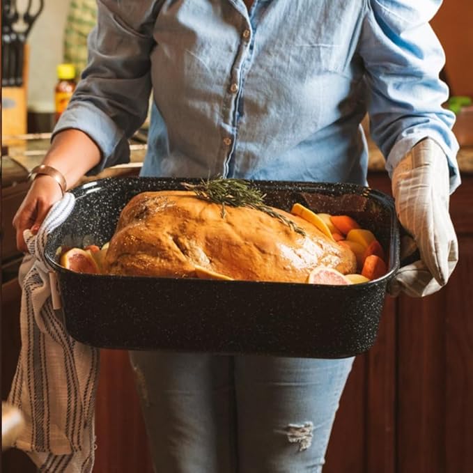 Granite Ware 19-Inch Covered Rectangular Roaster - Enamel Steel Cookware, Nonstick & Chemical-Free, Dishwasher Safe - 25 Lb Capacity, Large Roasting Pan for Meats, Poultry, Vegetables (Speckled Black)