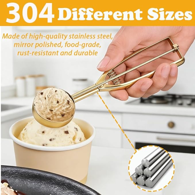 Gold Ice Cream Scoop 304 Stainless Steel Cookie Scoops for Baking Melon Baller with Trigger 3 Sizes (Rose Gold, S/M/L)