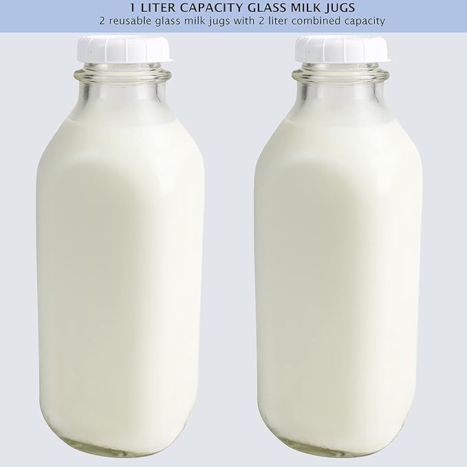 The Dairy Shoppe Glass Milk Bottle, Heavy Glass with Extra Lid, Creamery Style (2, Liter)