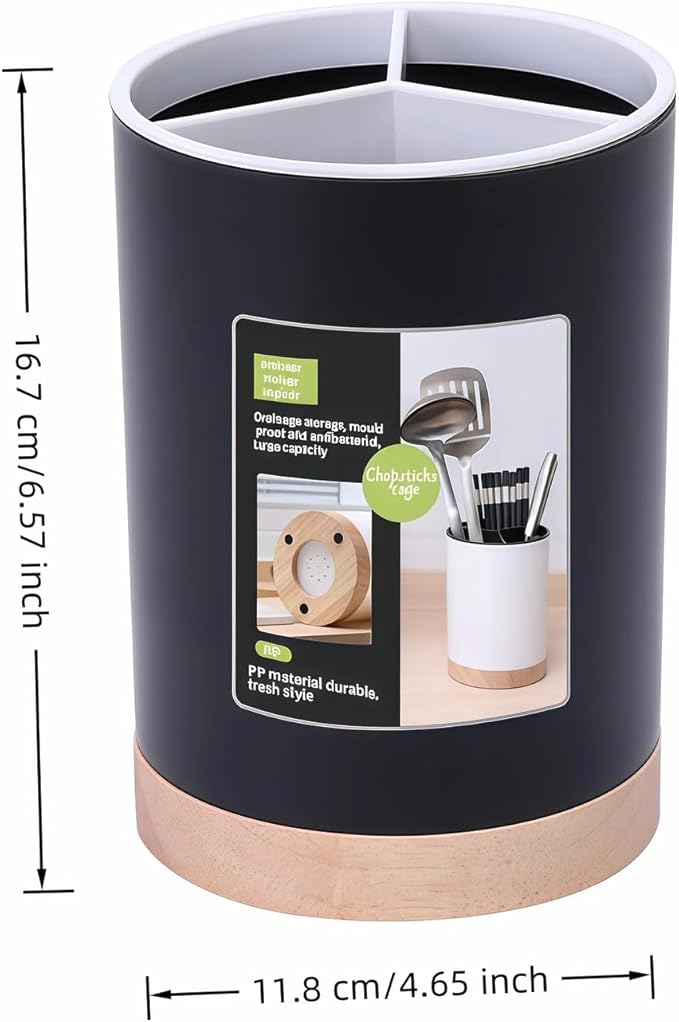 BUBBLE-FLY Modern Kitchen Utensil Holder with Drainage, Black and Wood Base, 3 Compartment Divided Organizer for Spoons Forks Knives, Countertop Caddy for Cooking Tools and Cutlery Storage- Non-Slip