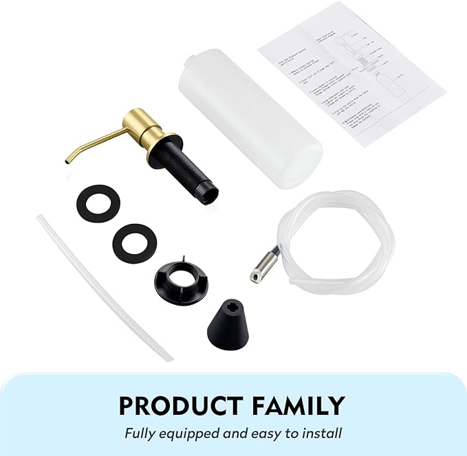 CREA Light Gold Soap Dispenser for Kitchen Sink, Stainless Steel Built-in Sink Soap Dispenser Pump with 17 oz in-Counter Bottle and 39" Extension Tube for Under Sink, Brushed Finish
