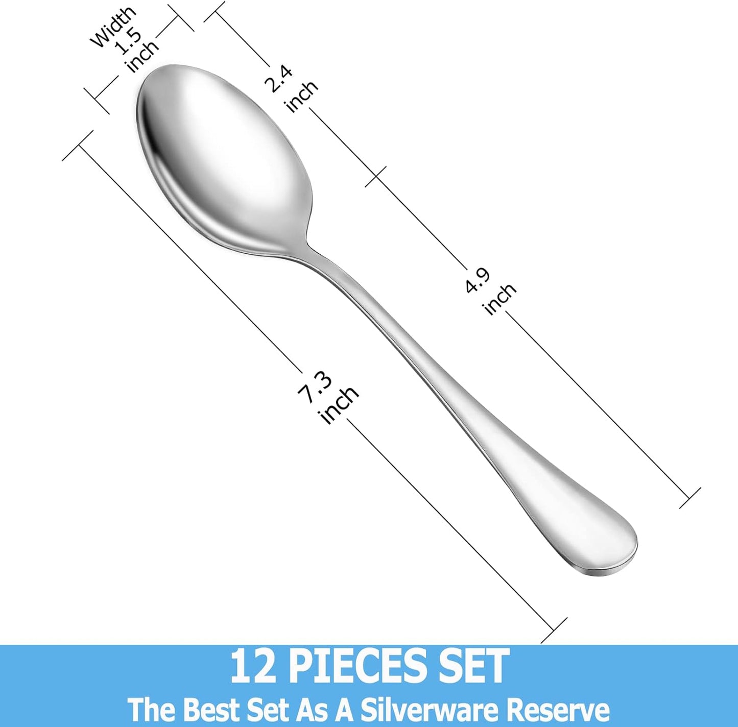 12 Pcs Dinner Spoon Set,Premium Food Grade Stainless Steel Spoons,Durable Metal Spoons,Tablespoon,Spoons Silverware Only,Mirror Finish & Dishwasher Safe,Use for Home,Kitchen and Restaurant - 7.3 inch