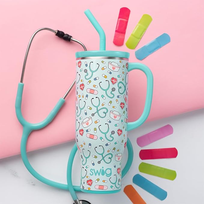 Swig Life 30oz Mega Mug, 30 oz Tumbler with Handle and Straw, Cup Holder Friendly, Dishwasher Safe, Lightweight Extra Large Insulated Tumbler, Nurse Gifts for Women (Scrub Life)