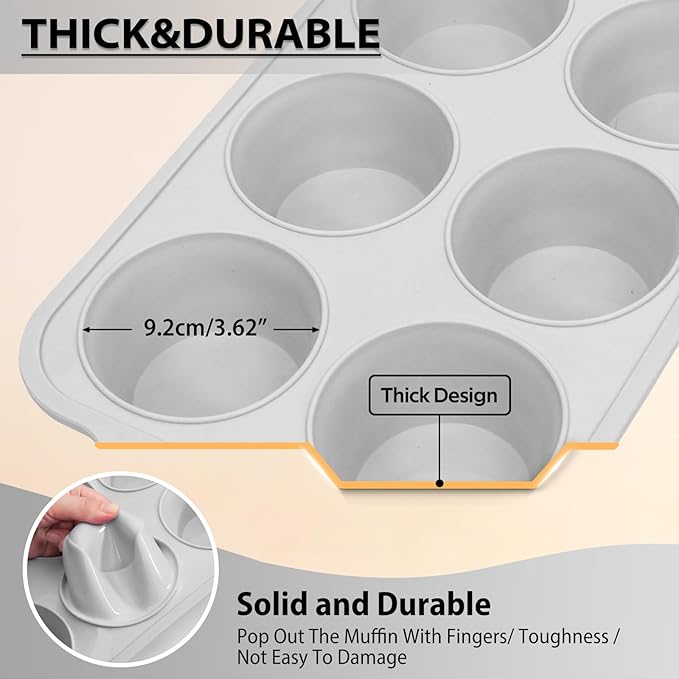 Jumbo Silicone Muffin Pan with Metal Frame, Non Stick Silicone Cupcake Pan with Handles 6 Cup, BPA Free Silicon Muffin Tin Tray Extra Large for baking, egg bites, Cupcake Mold Light Grey