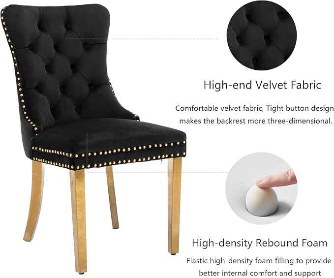 Black Dining Chairs Set of 2, Velvet Upholstered Dining Room Chairs with Back Ring Pull Trim and Golden Stainless Steel Legs, Tufted Wingback Chair Perfect for Dining Room,Kitchen(Black)