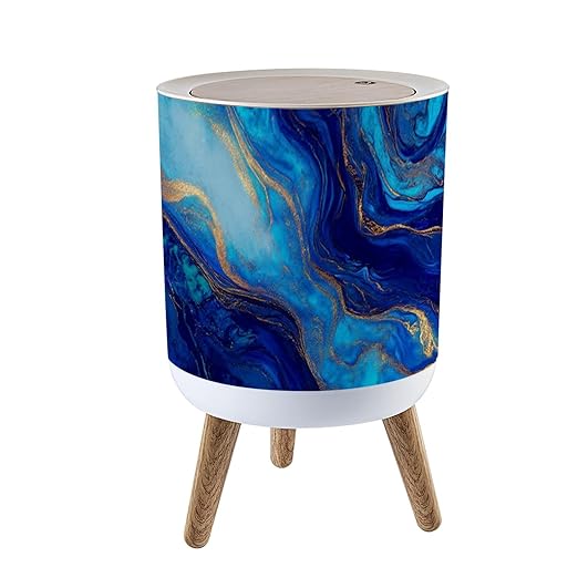 Trash Can with Lid Hand painted mixed liquid blue golden paints Abstract fluid acrylic Press Top Round Small Garbage Bin with Wooden Legs Waste Basket for Kitchen Bedroom Nursery 7L/1.8 Gallon