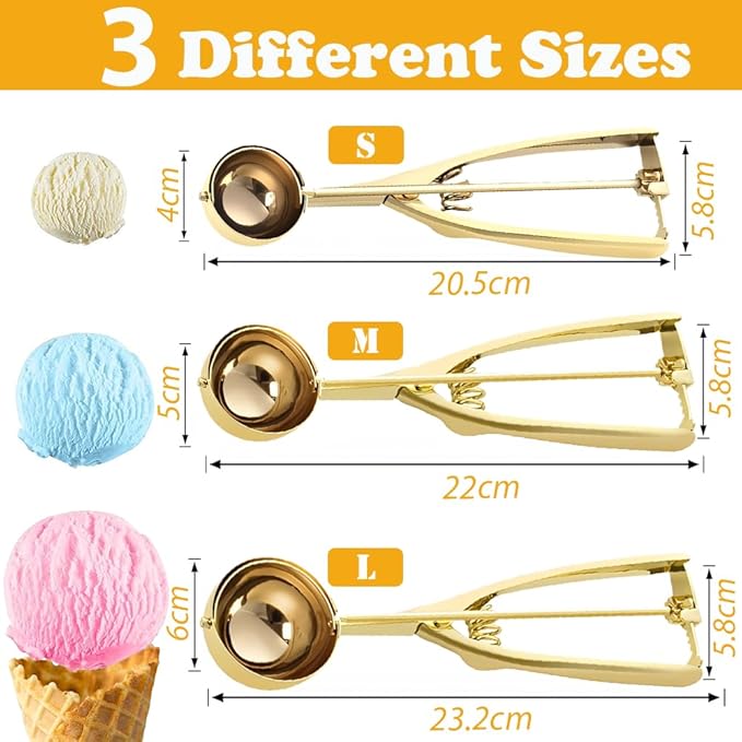 Stainless Steel Ice Cream Scoop Polished Melon Baller Scoop Metal Ice Cream Scoop with Trigger Cookie Scoop for Baking 3 sizes Fruit Spoons Kitchen (Rose Gold, S)
