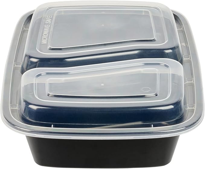Restaurantware Asporto 32 Ounce Compartment Take Out Boxes 100 Microwavable Meal Prep Containers - 2 Compartments With Clear Plastic Lids Black Plastic Food Containers Do Not Contain BPA