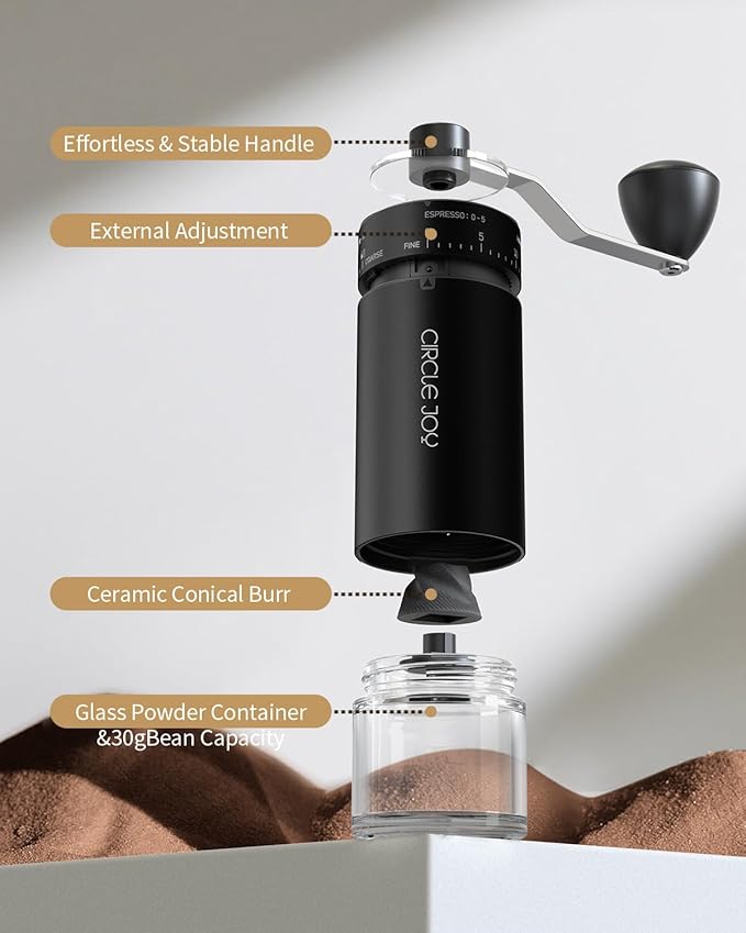 CIRCLE JOY Mini Manual Coffee Grinder with 40 External Adjustable Settings and Ceramic Conical Burr, Portable Stainless Steel Hand Coffee Grinder for Home and Travel