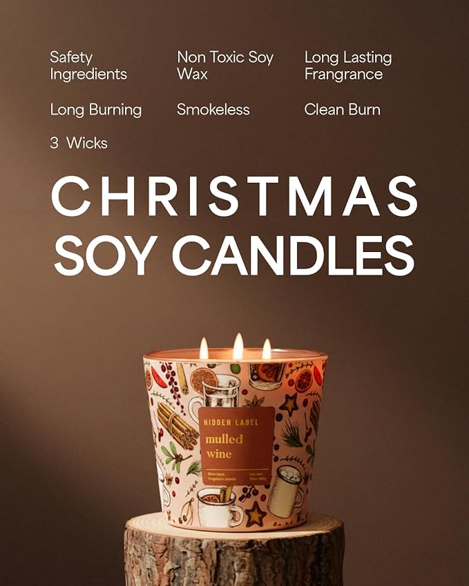 Hidden Label Mulled Wine Scented Candle for Home, 30oz Large 3 Wick Soy Candle, 100H Long Lasting, Cinnamon Orange Clove, Non-Toxic Clean Burn, Christmas Winter Gifts for Women, Holiday Gift