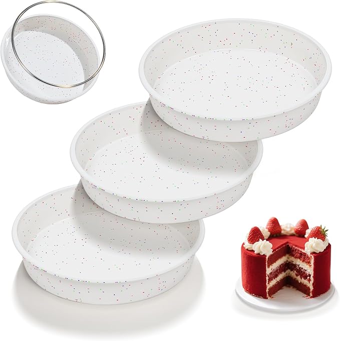 SJ 10 Inch Silicone Round Cake Pan with Metal Reinforced Frame Set of 3, Nonstick Silicone Cake Mold for Baking Suitable for Making Layers, Cheese & Chocolate Cakes