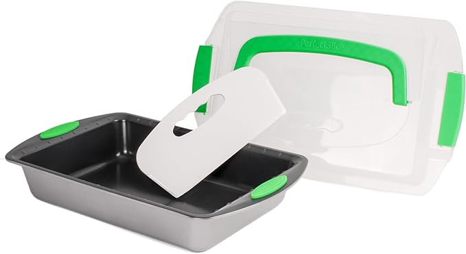 BergHOFF 11Pc Perfect Slice Bakeware Set, Covered Rectangle Cake Pan, Cookie Sheets, Muffin Pan, Loaf Pan, Round, Square and Rectangle Cake Pans, Slicer, Non Toxic, PFOA Free, Silver & Green